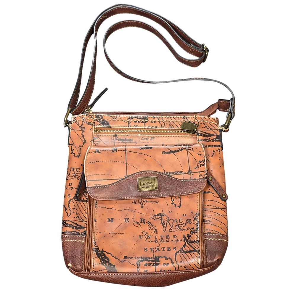 b.o.c. World Map Print Crossbody Organizer Women's Bag Brown Travel Purse